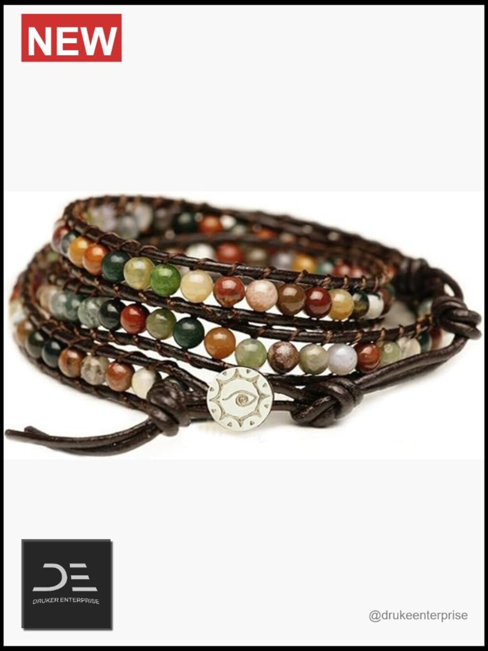 Genuine Leather Wrap Bracelet with India Agate and Stainless Steel Button
